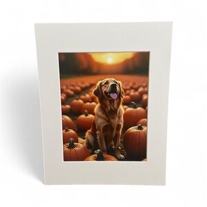 Golden Retriever Dog Photo Print 8x10 Matted to 11x14 Pumpkin Patch Home Decor